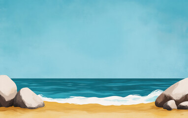 Illustration of a serene beach scene with gentle waves, clear blue sky, golden sand, and large rocks. Ideal for backgrounds, summer themes, and relaxation concepts.