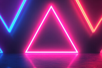Poster - Glowing neon triangle and lines in vibrant pink and blue colors on a dark reflective surface. Modern and futuristic geometric design.
