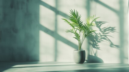 Poster - Blue wall cement blank with sun bright shadow from window and pot tree