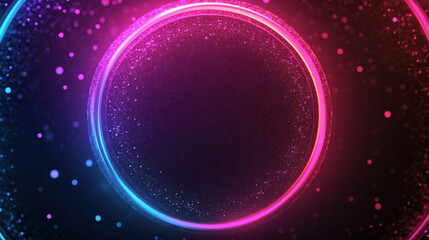 Poster - Vibrant neon glowing circle on dark background with sparkling particles. Futuristic abstract digital art perfect for technology or modern design projects.