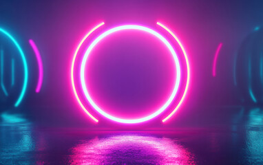 Poster - Futuristic glowing neon circle with vibrant colors reflecting on a wet floor, creating a dynamic and immersive visual effect in a dark environment.
