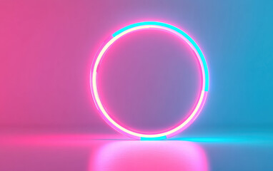 Poster - Glowing neon circle with vibrant pink and blue hues on a gradient background. Modern minimalistic design with futuristic and abstract elements.