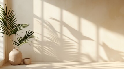 Poster - Earth tone wall cement blank with sun bright shadow from window and palm tree