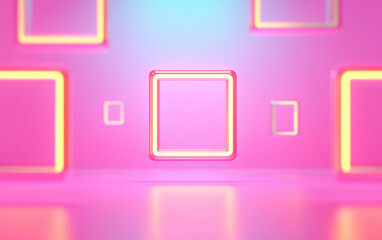 Poster - Vibrant abstract background with neon-lit squares in pink and blue, creating a futuristic and modern design. Great for tech and creative industries.