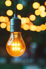 Poster - Glowing vintage light bulb with bokeh effect in the background. Warm illumination, soft focus. Ideal for creativity, inspiration, and design concepts.