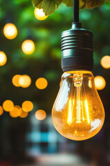 Wall Mural - Close-up of a glowing light bulb hanging outdoors, surrounded by bokeh lights, creating a warm and cozy ambiance.