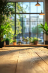 Sunlit modern cafe with large windows and lush indoor plants, creating a cozy and inviting atmosphere ideal for relaxing or working.