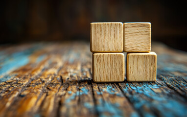 Poster - Close-up of wooden cubes stacked on a rustic wooden table, featuring detailed textures and natural patterns. Perfect for concept, design, or background use.