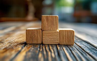 Poster - Four wooden blocks stacked together on a textured wooden surface, with a blurred background. Natural elements and simplicity in design.