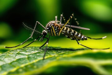 Aedes Mosquito Resting on Leaf with Blurred Green Background