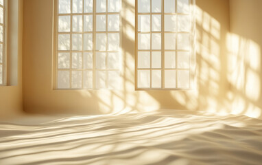 Poster - sunlight casting shadows through large windows creating abstract patterns on the floor of an empty b