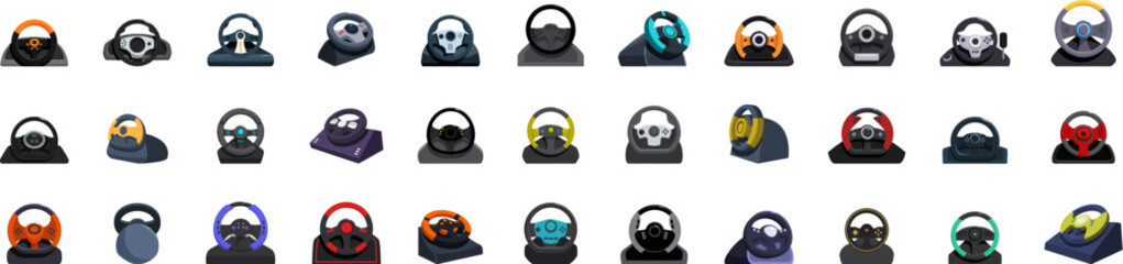 Poster - Game controller steering wheel icons set. Large set of different gaming wheels for realistic racing simulator experience is standing on white background