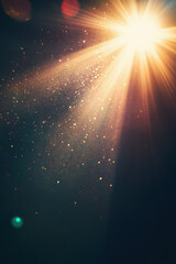 Poster - Golden sun rays and luminous particles create a magical atmosphere against a dark background, evoking warmth, beauty, and serenity.
