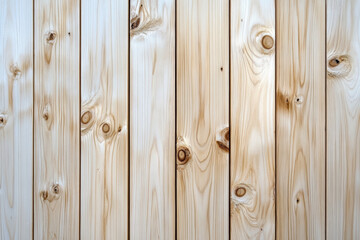 Poster - Close-up of a wooden plank wall with natural knots and grain patterns, showcasing the texture and detail of light-colored wood.