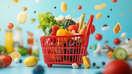 Red shopping basket full of fresh produce, with fruit and vegetables falling around it on a blue background.