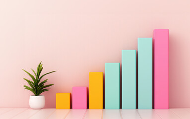 Poster - Colorful bar chart with potted plant on pastel background, representing growth, progress, and business success. Vibrant and modern design.