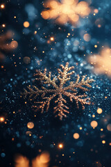 Poster - Golden snowflake with glowing bokeh lights on dark background. Perfect for festive, holiday, and winter-themed designs and decorations.