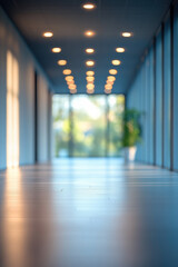 Poster - Modern empty office corridor with large windows and bright ceiling lights, leading to a blurred view of greenery outside, creating a serene workspace.