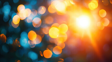 Poster - Vibrant blurred bokeh lights in blue and orange hues. Abstract festive background with a warm, glowing sunset effect, creating a magical atmosphere.