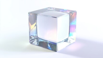 Wall Mural - Iridescent glass cube on white background.