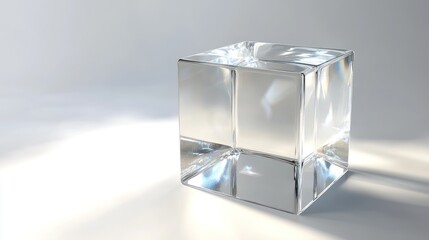 Wall Mural - A single, clear glass cube sits on a white surface, reflecting light and casting a shadow.