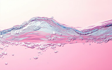 Poster - A close-up view of a pink water wave with bubbles, captured mid-motion against a light pink background, creating a calming and refreshing visual effect.