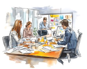 Poster - A creative meeting in a modern office with professionals discussing ideas around a table filled with documents and technology.