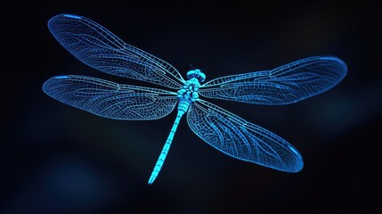 Sticker - Glowing dragonfly wings in bright blue, suspended in mid-air against a deep black background,