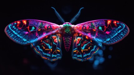 Fototapete - Glowing neon moth wings illuminated against a pitch-black background, with intricate