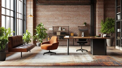 Wall Mural - A modern office interior design with a large window, exposed brick wall, a brown leather sofa, a brown leather armchair, a wooden desk and a plant.