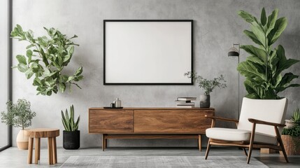 Wall Mural - Modern living room interior with wooden cabinet and armchair against a concrete wall with a framed mockup poster.