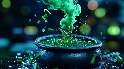 A green potion bubbles and smokes in a cauldron, bringing magic and mystery to life.