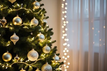 Radiant Christmas Tree Decorated with Bright Ornaments and Soft Bokeh Lights on a Blurred Background