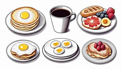 Sticker -  Delicious breakfast spread with pancakes eggs fruit and coffee