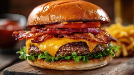 Sticker - Juicy cheeseburger with crispy bacon, cheddar cheese, and fresh vegetables, served on a wooden board,