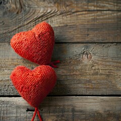 Valentines day background with two red hearts on wooden background 