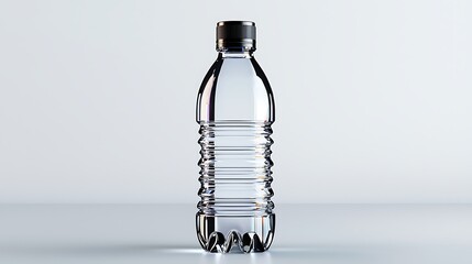 Wall Mural - A clear plastic water bottle with a black cap sits isolated, simple and modern.