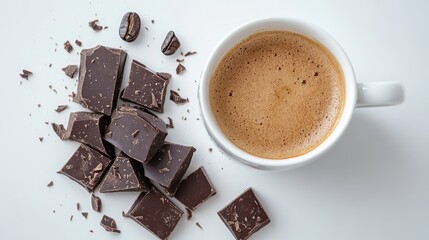 Wall Mural - Luxurious dark chocolate pieces paired with an aromatic cup of coffee on a clean white background,