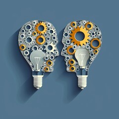 Vector of two human heads made of gears with light bulb shape inside
