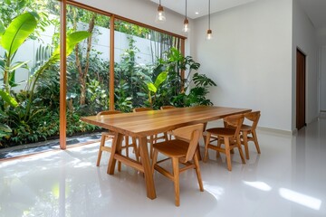 Modern Dining Room, Large Window, Green Garden View, Bright and Serene Setting