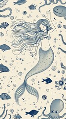 Wall Mural - Vector seamless Border pattern. Fantasy mermaid, octopus, fish, sea animals dark blue contour thin line drawing on a beige background