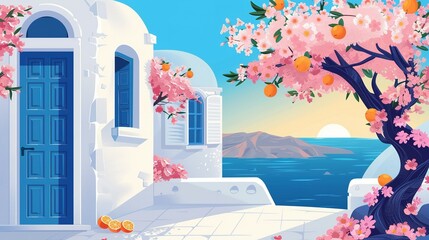 Greek Island Santorini Posters: Featuring Pink Local Flowers, Blue Door, Orange Branch, Typical Buildings, and Clear Skies – Travel Holidays Tourism Concept in Cartoon Flat Minimalism Vector