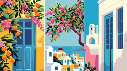 Travel Holidays Tourism Concept: Santorini Landscape Posters Set with Pink Local Flowers, Blue Door, Orange Branch, Typical Buildings, and Clear Skies – Cartoon Flat Minimalism Vector