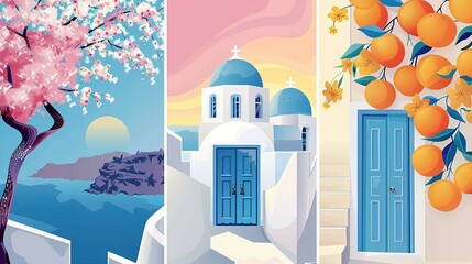 Cartoon Flat Minimalism Vector Posters: Santorini Landscape Featuring Pink Local Flowers, Blue Door, Orange Branch, Typical Buildings, and Clear Skies – Greek Island Travel Holidays Tourism Concept