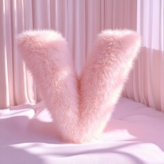 Fluffy pink letter V on pink fabric background with sunlight.