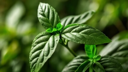 Wall Mural -  Vibrant green basil leaves in closeup