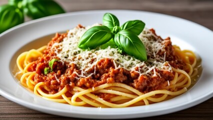 Wall Mural -  Delicious Spaghetti Bolognese with fresh basil and Parmesan cheese