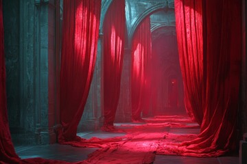 Poster - Red Curtains in a Stone Hallway