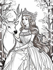 Wall Mural -  A princess with long hair and a tiara, sitting beside an elegant deer in a forest coloring page for adults.