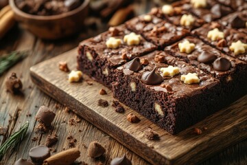 Wall Mural - Chocolate Brownies with White Chocolate Stars and Chocolate Chips on Wooden Board